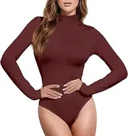 [Caihoyu] Burgundy Solid Color Pure Plain long sleeve Bodysuits for Women Pack Body Suit Shapewear Tummy Control Cute Going Out Tops for Women High-Neck, Color 3
