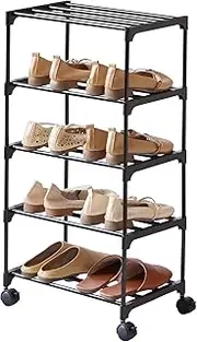 [LUCKY OCEAN] 5-Tier Small Shoe Rack with Wheels, Slide-Out Metal Shoe Racks Storage, Anti-Rust Coating, Stackable Design - 16.9W for Entryway, Kitchen, Living Room & Office - Black