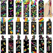 Scratch Art for Cards, 60 Pcs Scratch Art Bookmarks with 60 Pcs Colourful Ribbons, Animal Bookmarks Set, DIY Party, Game Activity, Birthday Christmas, Toy Gift Set