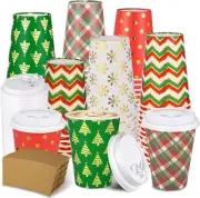 300 Pcs/100 Sets Christmas Coffee Cups with Lids and Sleeves 12 oz Disposable Ch