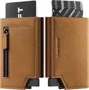 [DUGRAFT] Bifold Pop Up Wallet for Men, Slim Leather Credit Card Holder with Zipper Minimalist Women Magnetic Cash Coins Pocket Wallets RFID Blocking(Light Brown)