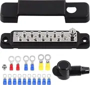 Swpeet 20Pcs Terminal Block Kit, 1 1/4 Inch 12 Stainless M4 Terminal 6 Positions Dual Row Screws Power Bus Bar with M6 Stud & Nut, 1 Extra M4 Terminal, 2 Black Covers, 16 Insulated Ring Terminals