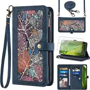 [Asuwish] Phone Case for Google Pixel 8a 6.1-Inch 2024 Wallet Cover With Tempered Glass Screen Protector Crossbody Wrist Strap Leather Flip Pattern Zipper Credit Card Holder Stand Cell Pixel8A 5G Blue
