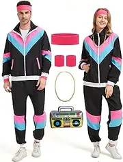 [Owurha] 80s Tracksuit for Men Women 80s 90s Retro Windbreaker Outfit 80s Costume for Couples Track Suit 90s Color Bock Sportwear, Black, Medium