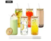 600mL 6-piece set Glass Cups with Lids brushes Glass Straws Drinking Glass Juice Coffee Tea Cocktail cups Gifts