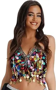 [OhMill] Women's Sparkly Belly Dance Tassel Sequined Halter Top Shiny Backless Camisole for Nightclub Party