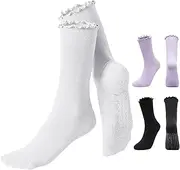 [OnrySxn] Pilates Socks, 3Pairs Size 3-6 Non Slip Yoga Socks Ladies Ruffle Mid-Calf Grip Socks Breathable Grippy Cotton Sock for Ballet Workout Fitness Dance Gym(Black, White, Purple), Black, Purple