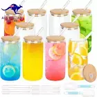 Drinking Glasses with Bamboo Lids and Glass Straw, 16 Oz Can Shaped Glass Cups B