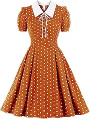 [N\W] NW Green Women Dress Dots Short Sleeve Turn Down Collar A Line Party