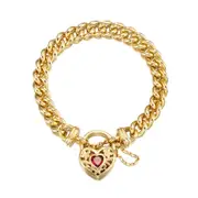 18ct Heavy Yellow Gold Plated Euro Chain Bracelet with a Filigree Locket Featuring a Simulated Ruby - USA Made