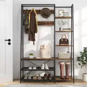 CostwayHall Tree with Storage Bench with 9 Hooks 5 Side Shelves and 2 Mesh Shelves-Brown