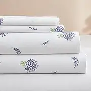 Floral California King Size Sheets Set White 4 Piece - Extra Deep Pocket California King Sheets - Soft Flat Sheet - Cooling Bed Sheets Purple Floral Super Soft with Fitted Sheet,2 Pillowcases Set