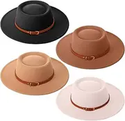 JaGely Women Wide Brim Hat with Belt Buckle Vintage Warm Wool Belt Panama Hat Boho Felt Jazz Hat for Park Wedding Tea Party