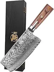 MITSUMOTO SAKARI 18 cm Japanese Cleaver Knife, Damascus S301 Powder Steel Meat Cleaver, Traditional Hand-Forged Chef Knife, Kitchen Knife for Cutting or Slicing