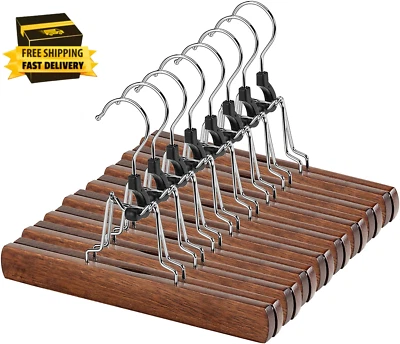 12 Pack Wooden Pants Hangers with Clips Non Slip Skirt Hangers Walnut Trouser C