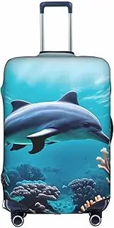 [pvinnk] Beautiful Underwater World Dolphins Coral Print Protective Luggage Cover Elastic Washable Suitcase Travel Gear Protector, White, Medium