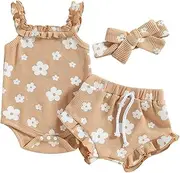 [Lucikamy] Baby Girl Clothes Floral Sleeveless Romper Bodysuit + Ruffle Bloomers Shorts Infant Summer Outfits Set