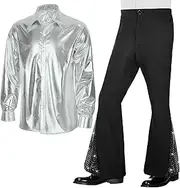 [Mavikim] Men's 70s Disco Costume Halloween 60s Hippie Party Outfits Vintage Shirt Bell Sequin Bottom Pants Set