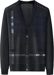 [SWJGLITTR] Men V Neck Sweater Cardigan Buttons Argyle Pattern Mens Cardigans Wool Blend Cable Knit Sweaters Jacket, A3 Black, XX-Large