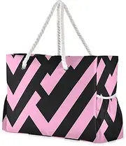 [Yoogain] Pink Black Irregular Lines Sandproof Tote Bags Women with side pocketes Bags With Zipper Perfect for Travel Pool Swim Beach Vacation Necessities, Pink Black Irregular Lines, 1 size