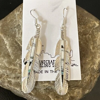 White Buffalo Turquoise Opal Sterling Silver Handmade Feather Earrings 18697