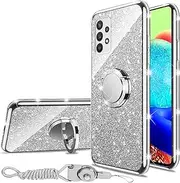 [nancheng] for Samsung Galaxy A53 5G Case Girls Women Luxury Cute Soft TPU Silicone Glitter Cover with Ring Kickstand Lanyard Bumper Shockproof Full Body Protection Case - Silver