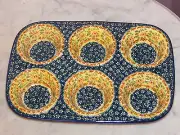 Polish Pottery Muffin Pan! UNIKAT Signature Mama Rose Pattern!