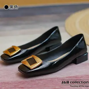 【J&H collection】時尚漆皮金屬方扣低跟鞋(現+預 黑色)