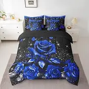 Feelyou Blue Rose 7 Piece Bedding Set Full Size for Kids Boys Girls Teens Toddler Rose Floral Flower Comforter Set with Sheets Romantic Bed in a Bag Glitter Star Bed Set