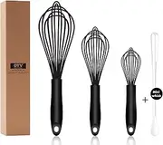 OYV Dishwasher Safe Silicone Whisk, Sealed Waterproof Design Set of 3, Professional Kitchen Whisks for Cooking Non-Scratch, Silicone & Stainless Steel Whisk, Heat Resistant Balloon Egg Beater, Black