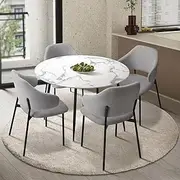 [OIKITURE] Dining Table and Chairs Set with Marble Round Dining Table and Fabric Dining Chair Set of 4 Grey