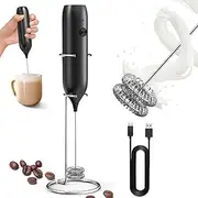 CIRCLE JOY Milk Frother Handheld with Stand Rechargeable Milk Foamer Electric Mini Drink Mixer with Double Whisks for Coffee, Cappuccino, Lattes, Frappe, Matcha and Hot Chocolate, Black