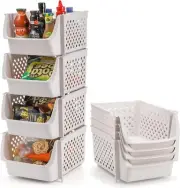 YOUEON Set of 4 Stackable Storage Bins Open Front, Containers Beige