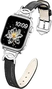 [Ocaer] Compatible with Apple Watch Band 42mm 41mm 40mm 38mm, Dressy Leather Bands for iWatch SE Series 10 9 8 7 6 5 4 3 2 1, Thin Apple Watch Strap with Metal Buckle for Women (Black/Silver)