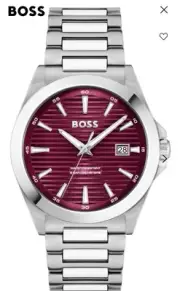 BOSS SILVER-TONE WATCH WITH BURGUNDY GROOVED DIAL