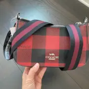 NWT Coach Canvas Buffalo Plaid Print Jes Baguette Crossbody C6818 Red Multi