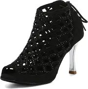 [Minishion] Women's Latin Salsa Crystals Cut-out Satin Practice Dance Shoes Evening Ankle Sandals L398