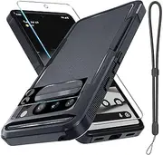 for Google Pixel 8 Pro Case, Full Body Heavy Duty Rugged Shockproof Protective Phone Cover with Wrist Lanyard Strap, Tempered Glass Screen Protector and Camera Lens Cover, Black Matte