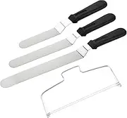 Set of 3 Icing Spatulas and Wire Cake Slicer,Professional Cake Angled Offset Spatula Stainless Steel Thickened Frosting Knife with Durable Plastic Handle for Cake Decorating Pastry Baking