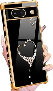 [Petitian] for Pixel 8A Case - Women Girls Bling Glitter Heart Design for Google Pixel 8A Case, Cute Girly Sparkle Gold Plating 8A Phone Cases Cover Funda Black