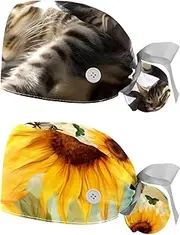 [YTYVAGT] 2-Pc,Nurse Scrub Caps,Scrub Hats with Buttons and Cotton Sweatband,Animal Cat Pattern