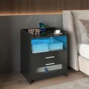Ufurniture Bedside Table with Charging Station, 20 Colors LED Nightstand with USB Port and Wireless Charging, End Table with 2 Drawers and Storage Shelf, Small Dresser for Small Space White (Black)