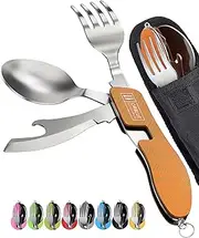 Orblue 2-Pack 4-in-1 Camping Utensils - Portable Stainless-Steel Camping Spoon, Fork, Knife and Can/Bottle Opener - Backpacking Utensils with Case, Orange