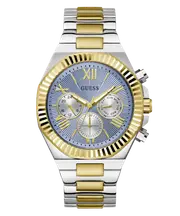 Guess Equity Brushed Silver Tone Case With Polished Gold Tone Bezel With Sunray Glacial Blue Multifunction Dial And Brushed And Polished Two Tone Bracelet GW0703G3