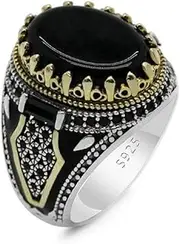 [CUSIOALQQ] Natural Agate Ring for Men S925 Sterling Silver Black Agate Stone Ring, 925 Sterling Silver Rings with Black Onyx Stone,Turkish Handmade Vintage Statement Jewelry for Men Women