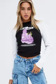 Black Top Long Sleeve Crew Neck Longline Rock Graphic - Size XS, Women's Graphic Tee