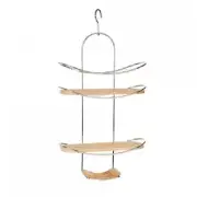 SHOWER CADDY 32x13x52cm 3-Tiers, Hooks Over Showerhead, Chrome/Bamboo