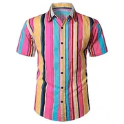 Men's Shirt Summer Shirt Casual Shirt Beach Shirt Button Up Shirt Pink Red Blue Coffee Short Sleeve Stripes Lapel Vacation Hawaiian Clothing Apparel Polyester