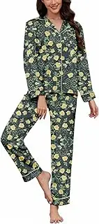 [Cudkim] Women's Silky Satin pajama Set 2 Piece Button Down Long Sleeve Sleepwear Soft PJ Sets Loungewear
