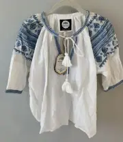 NWT Sundance Catalog By Alamwar Blue Embroidery White “Melba Blouse” Size S $138
